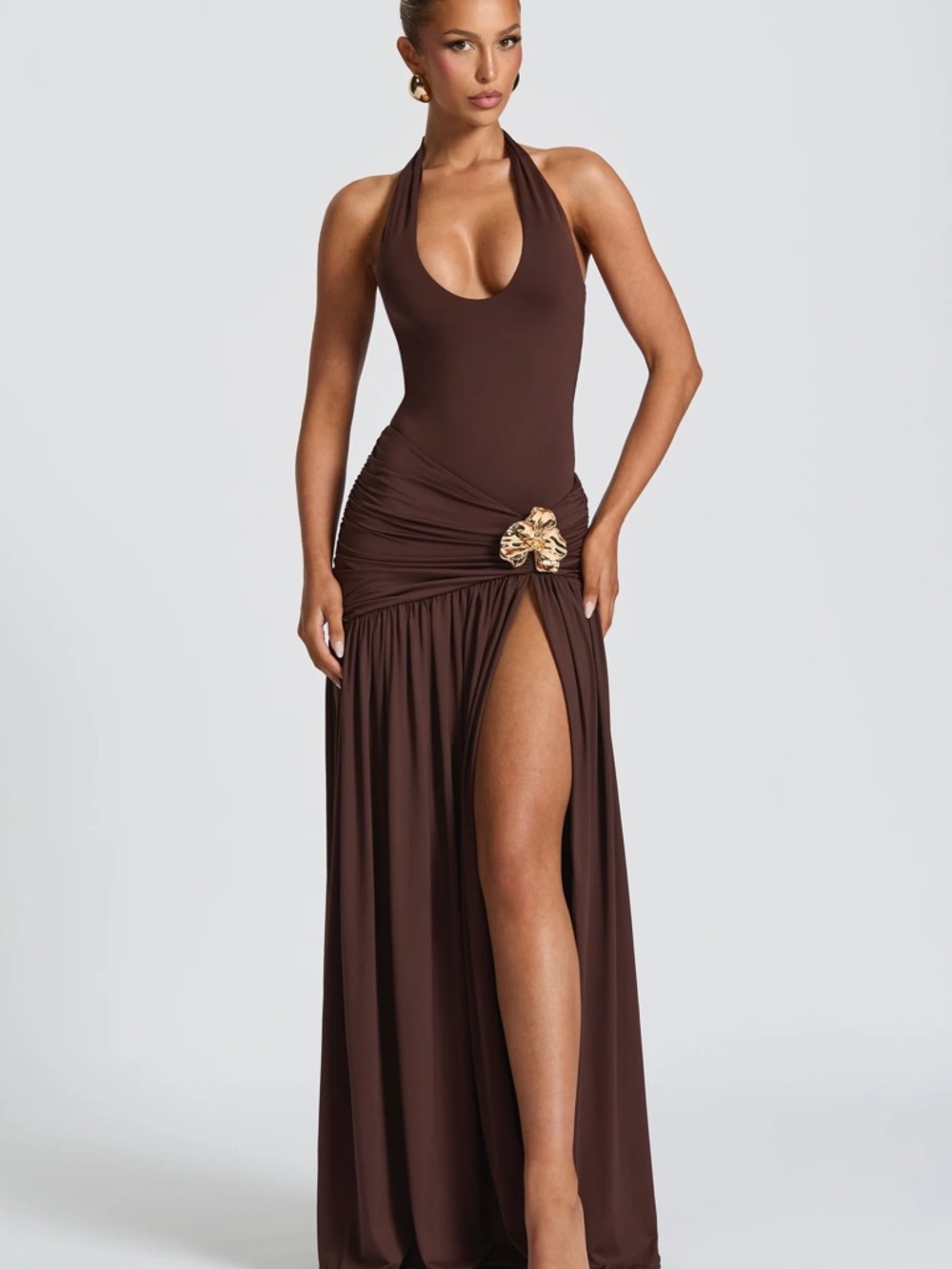Brown Halter Maxi Dress with Side Slit